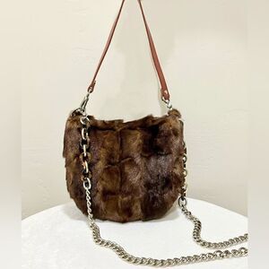 Natural Brown Handmade Real Mink Fur Half Moon Shoulder Bag/Crossbody
